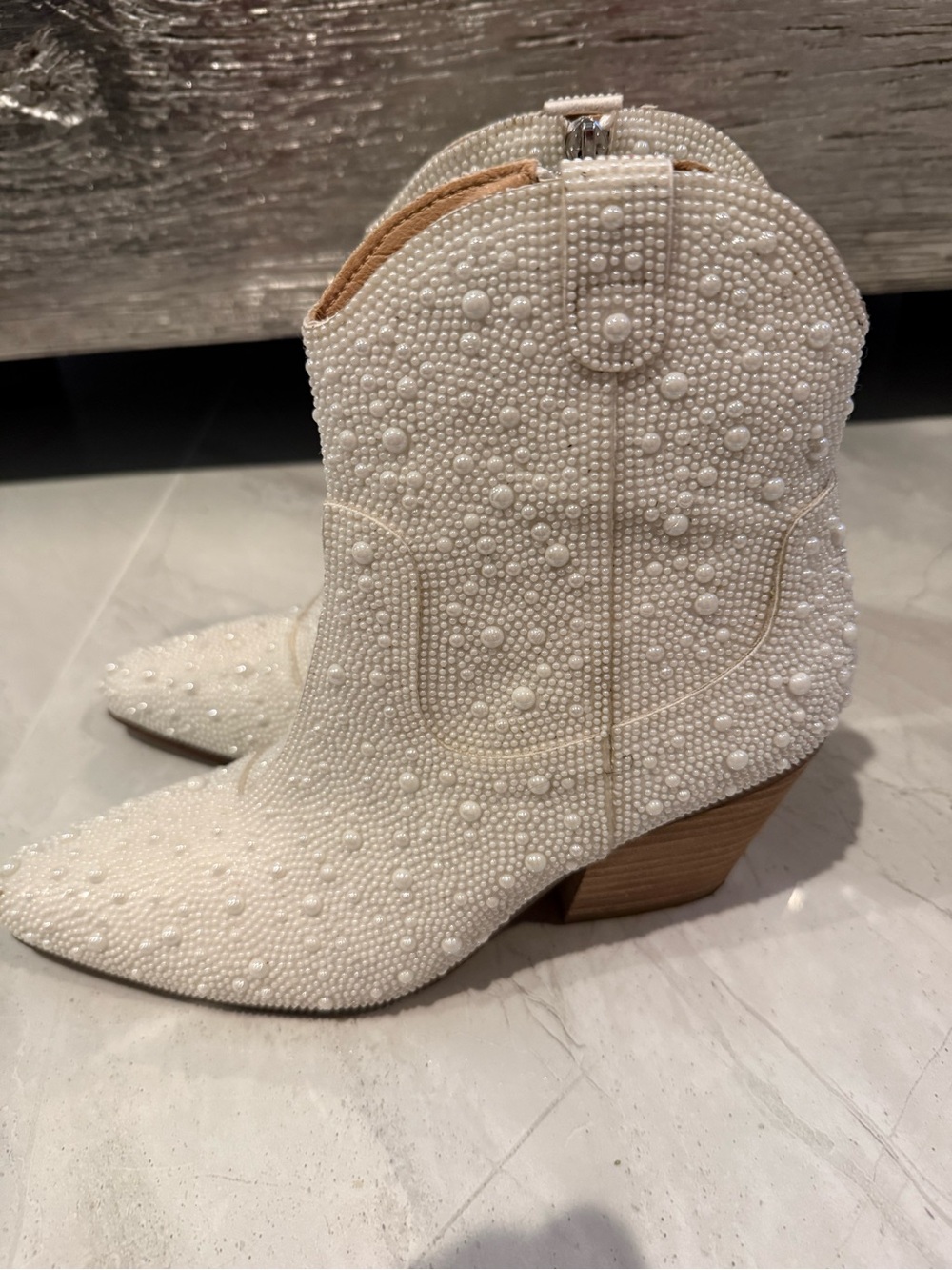 Pearl-Embellished White Western Ankle Booties